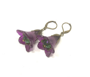 Lucite Flower Earrings- HandPainted Purple Trumpets