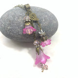 Handpainted Cluster Drop Flower Necklace In White and Pearly Pink