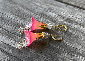 Peach and Magenta HandPainted Lucite Flower Earrings